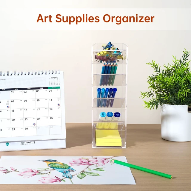 Alt view image 3 of 6 - Acrylic Vertical Marker Organizer for 50 Markers, Desk Orgaizer 5 Compartments Clear Angled Pen & Pencil Holder, Large Stationery & Art Supply Storage for School (10.2 x3.3 x 4 Inch)