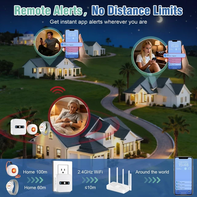 Alt view image 4 of 7 - WiFi Caregiver Call Button Calls Phone, 1Button 1 Wrist 1 Receiver Emergency Button for Seniors with App Alert, 2.4GHz WiFi Only, Senior Alarm Home Care, Bedside Bathroom Use