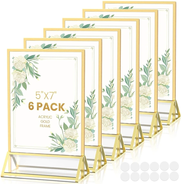 Main image of 6 Pack Acrylic Sign Holder 5X7 Double-Sided Gold Frames Gold Picture Frames for Flyer Holder Menu Holder Wedding Table Number Holder Christmas Photo Frame with Sticky Dots