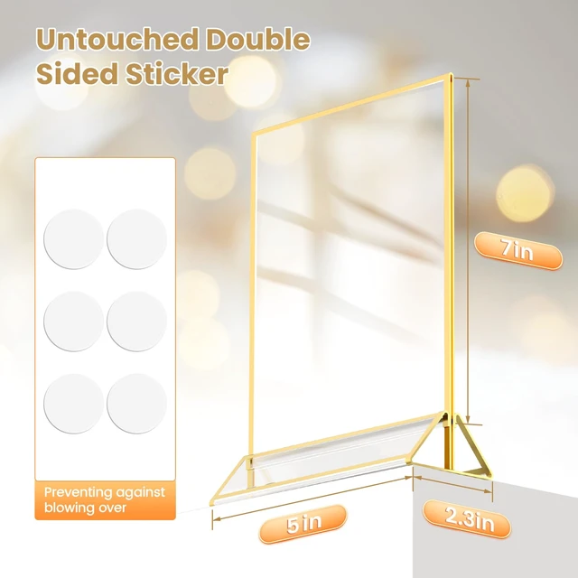 Alt view image 2 of 7 - 6 Pack Acrylic Sign Holder 5X7 Double-Sided Gold Frames Gold Picture Frames for Flyer Holder Menu Holder Wedding Table Number Holder Christmas Photo Frame with Sticky Dots