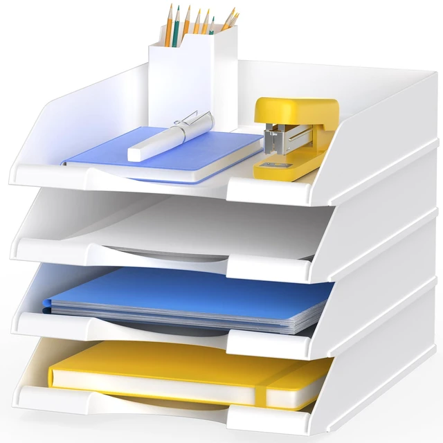 Main image of 4 Pack Stackable Paper Trays for Letter Documents, Desktop File Organizers for Office Supplies, Stackable Desk Tray Holder for Paper Storage, White