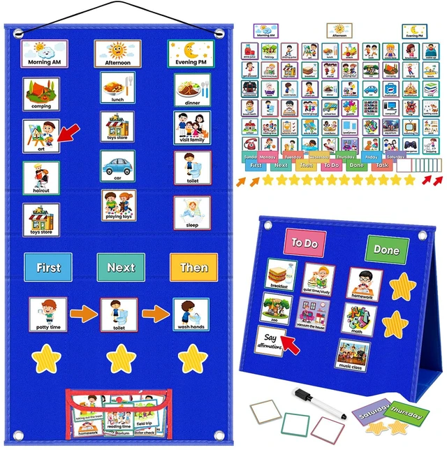 Main image of Large Visual Schedule for Kids with Autism Chore Chart for Kids Daily Routine Chart Autism Learning Materials Toddler Planning Board Visual Schedule for Classroom, Home with 124 Cards (Blue)