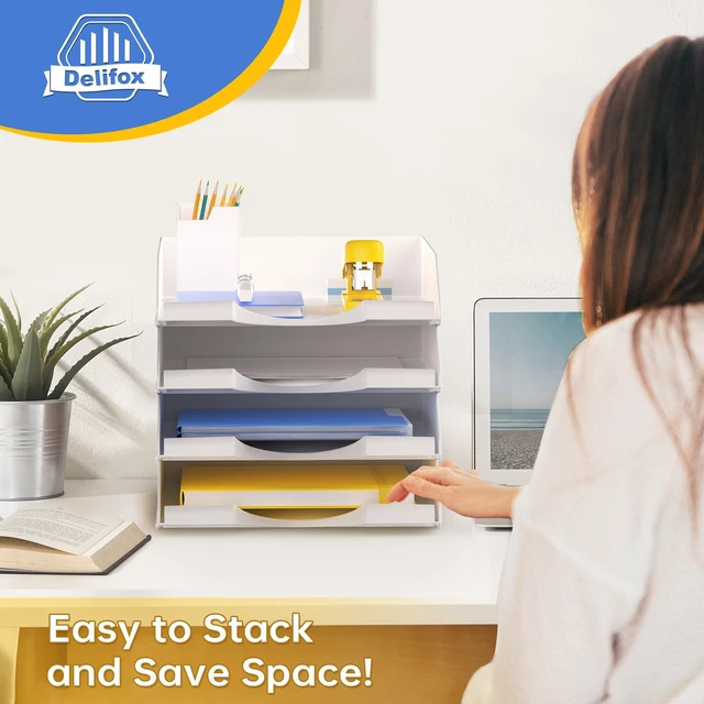 Alt view image 5 of 7 - 4 Pack Stackable Paper Trays for Letter Documents, Desktop File Organizers for Office Supplies, Stackable Desk Tray Holder for Paper Storage, White
