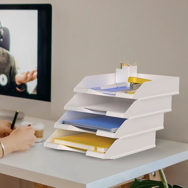 Alt view image 7 of 7 - 4 Pack Stackable Paper Trays for Letter Documents, Desktop File Organizers for Office Supplies, Stackable Desk Tray Holder for Paper Storage, White