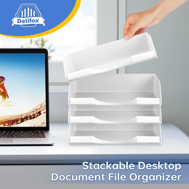 Alt view image 6 of 7 - 4 Pack Stackable Paper Trays for Letter Documents, Desktop File Organizers for Office Supplies, Stackable Desk Tray Holder for Paper Storage, White