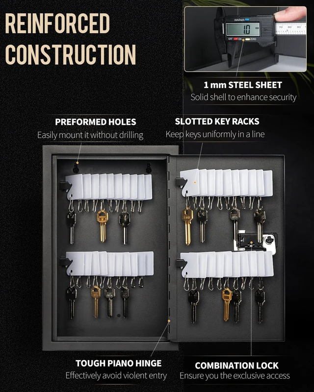 Alt view image 3 of 7 - 40 Position Slotted Key Cabinet with Combination Lock Resettable Black Digital Security Storage Box Steel Key Organizer with Slotted Racks White Key Tag Labels and Permanent Pen