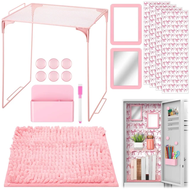 Main image of 16 Pcs Locker Accessories for Girls Locker Decor, Pink, Playful Back to School Locker Decorations Bow Wallpaper Magnetic Whiteboard Mirror Dry Eraser Marker Rug Storage Cup Organizing Shelf