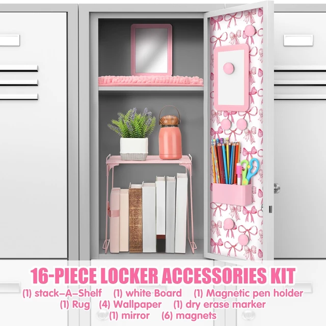 Alt view image 3 of 6 - 16 Pcs Locker Accessories for Girls Locker Decor, Pink, Playful Back to School Locker Decorations Bow Wallpaper Magnetic Whiteboard Mirror Dry Eraser Marker Rug Storage Cup Organizing Shelf