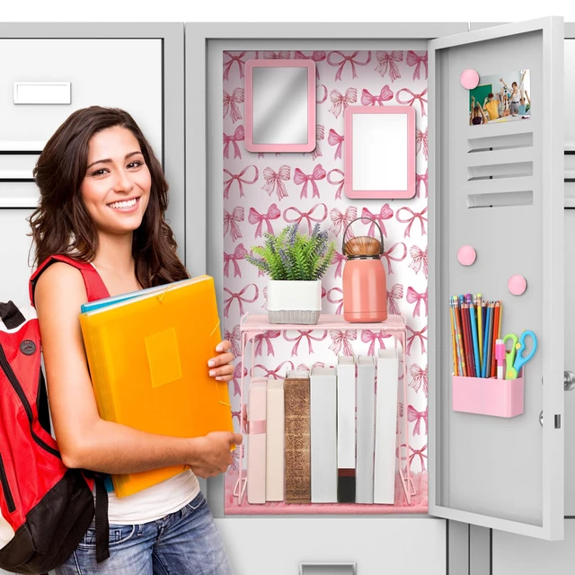 Alt view image 5 of 6 - 16 Pcs Locker Accessories for Girls Locker Decor, Pink, Playful Back to School Locker Decorations Bow Wallpaper Magnetic Whiteboard Mirror Dry Eraser Marker Rug Storage Cup Organizing Shelf