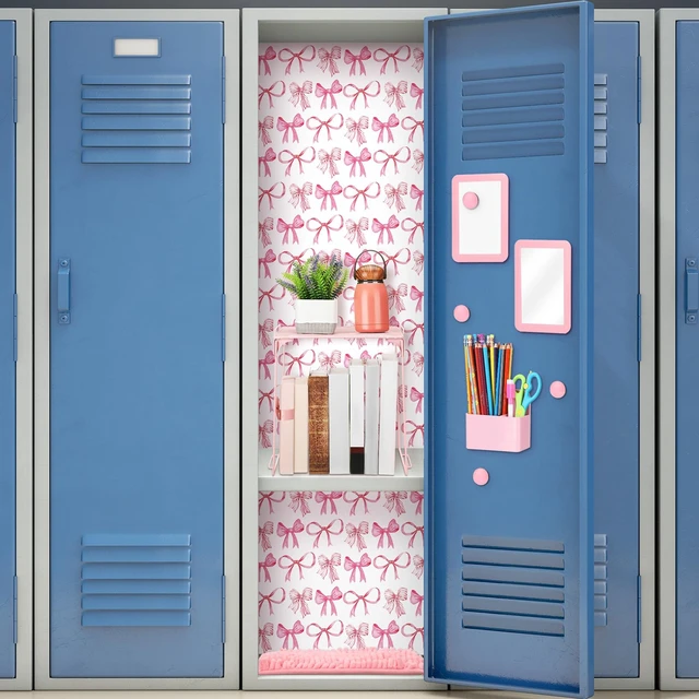 Alt view image 6 of 6 - 16 Pcs Locker Accessories for Girls Locker Decor, Pink, Playful Back to School Locker Decorations Bow Wallpaper Magnetic Whiteboard Mirror Dry Eraser Marker Rug Storage Cup Organizing Shelf