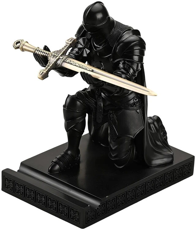 Main image of Medieval Armored Knight Pen Holder Figurine Paperweight Phone Stand Black Warrior Wearing Outerwear, Resin Bookends, Fancy Desk Organizers Pencil Stand with a Metal Letter Opener for Home and Office