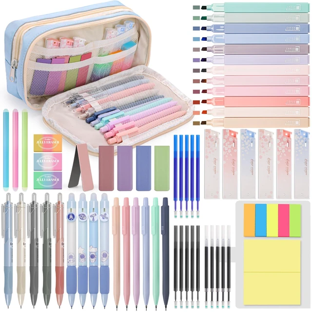 Main image of 61PCS Aesthetic College School Supplies Set with Cute Pencil Case Pastel No Bleed Highlighters, Gel & Erasable Pens, Mechanical Pencils, Refills & Sticky Notes, Complete Stationery Kit