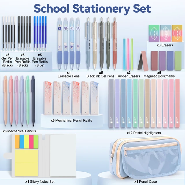 Alt view image 2 of 7 - 61PCS Aesthetic College School Supplies Set with Cute Pencil Case Pastel No Bleed Highlighters, Gel & Erasable Pens, Mechanical Pencils, Refills & Sticky Notes, Complete Stationery Kit