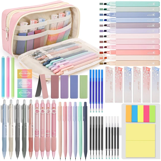 Main image of 61PCS Aesthetic College School Supplies Set with Cute Pencil Case Pastel No Bleed Highlighters, Gel & Erasable Pens, Mechanical Pencils, Refills & Sticky Notes, Complete Stationery Kit
