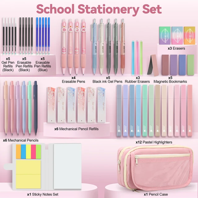 Alt view image 2 of 7 - 61PCS Aesthetic College School Supplies Set with Cute Pencil Case Pastel No Bleed Highlighters, Gel & Erasable Pens, Mechanical Pencils, Refills & Sticky Notes, Complete Stationery Kit