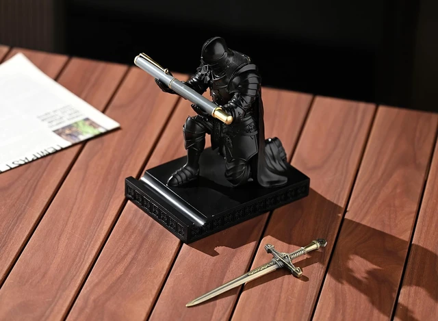 Alt view image 7 of 7 - Medieval Armored Knight Pen Holder Figurine Paperweight Phone Stand Black Warrior Wearing Outerwear, Resin Bookends, Fancy Desk Organizers Pencil Stand with a Metal Letter Opener for Home and Office