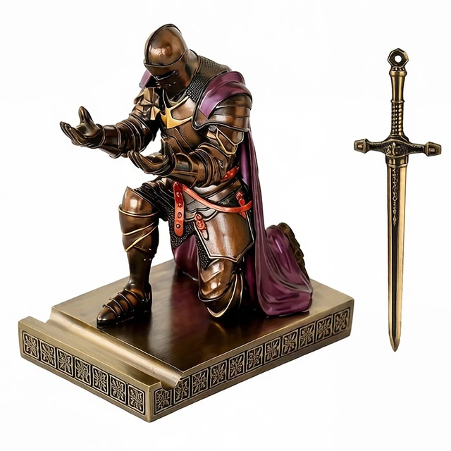 Alt view image 2 of 7 - Medieval Armored Knight Pen Holder Figurine Paperweight Phone Stand Brn&Pur Warrior Wearing Outerwear, Resin Bookends, Fancy Desk Organizers Pencil Stand with a Metal Letter Opener for Home and Office