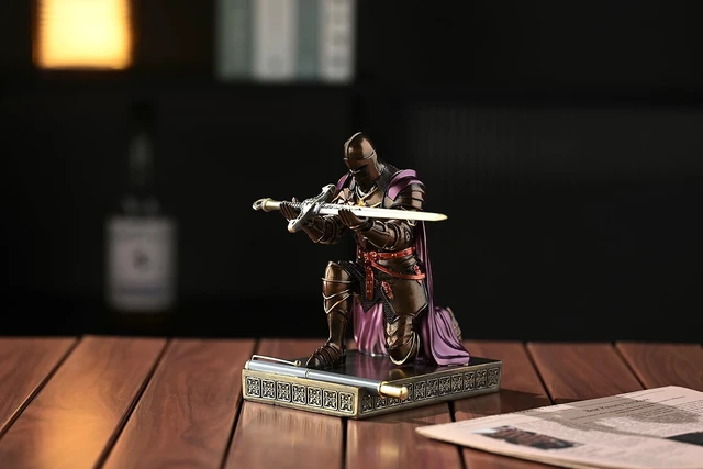 Alt view image 4 of 7 - Medieval Armored Knight Pen Holder Figurine Paperweight Phone Stand Brn&Pur Warrior Wearing Outerwear, Resin Bookends, Fancy Desk Organizers Pencil Stand with a Metal Letter Opener for Home and Office