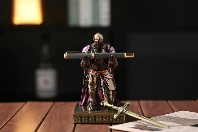 Alt view image 3 of 7 - Medieval Armored Knight Pen Holder Figurine Paperweight Phone Stand Brn&Pur Warrior Wearing Outerwear, Resin Bookends, Fancy Desk Organizers Pencil Stand with a Metal Letter Opener for Home and Office