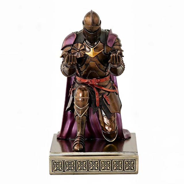 Alt view image 6 of 7 - Medieval Armored Knight Pen Holder Figurine Paperweight Phone Stand Brn&Pur Warrior Wearing Outerwear, Resin Bookends, Fancy Desk Organizers Pencil Stand with a Metal Letter Opener for Home and Office