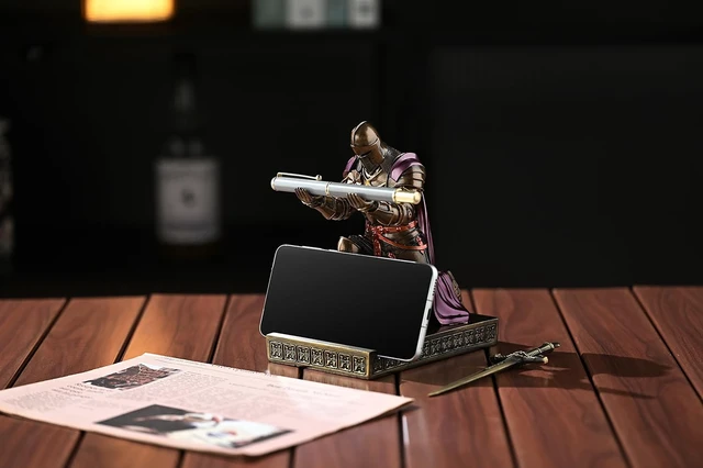 Alt view image 5 of 7 - Medieval Armored Knight Pen Holder Figurine Paperweight Phone Stand Brn&Pur Warrior Wearing Outerwear, Resin Bookends, Fancy Desk Organizers Pencil Stand with a Metal Letter Opener for Home and Office