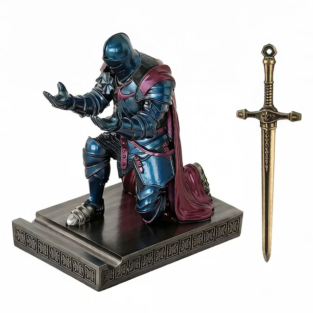 Alt view image 2 of 7 - Medieval Armored Knight Pen Holder Figurine Paperweight Phone Stand Blu&Pur Warrior Wearing Outerwear, Resin Bookends, Fancy Desk Organizers Pencil Stand with a Metal Letter Opener for Home and Office