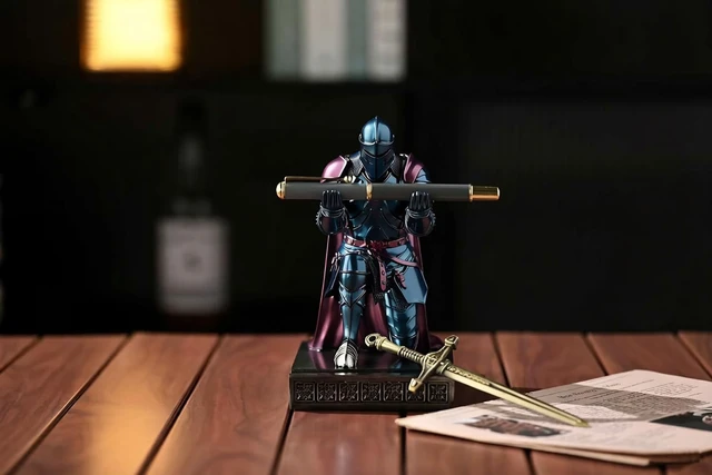 Alt view image 3 of 7 - Medieval Armored Knight Pen Holder Figurine Paperweight Phone Stand Blu&Pur Warrior Wearing Outerwear, Resin Bookends, Fancy Desk Organizers Pencil Stand with a Metal Letter Opener for Home and Office