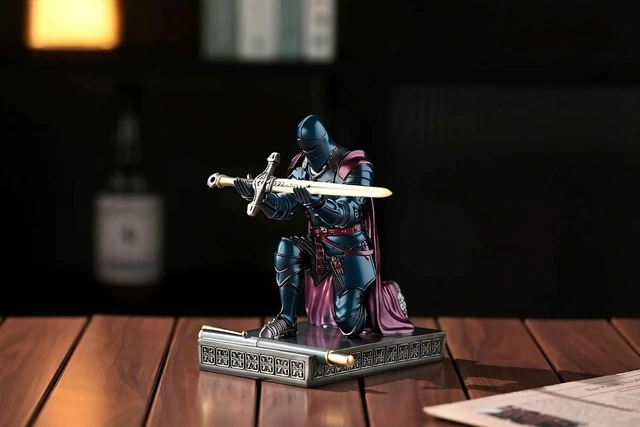 Alt view image 4 of 7 - Medieval Armored Knight Pen Holder Figurine Paperweight Phone Stand Blu&Pur Warrior Wearing Outerwear, Resin Bookends, Fancy Desk Organizers Pencil Stand with a Metal Letter Opener for Home and Office