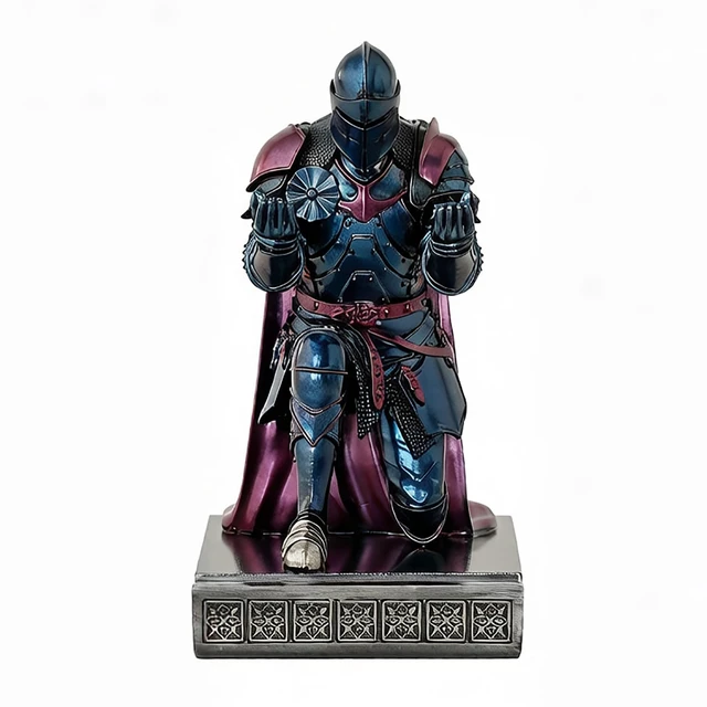 Alt view image 6 of 7 - Medieval Armored Knight Pen Holder Figurine Paperweight Phone Stand Blu&Pur Warrior Wearing Outerwear, Resin Bookends, Fancy Desk Organizers Pencil Stand with a Metal Letter Opener for Home and Office