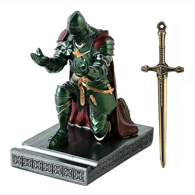 Alt view image 2 of 7 - Medieval Armored Knight Pen Holder Figurine Paperweight Phone Stand Green Warrior Wearing Outerwear, Resin Bookends, Fancy Desk Organizers Pencil Stand with a Metal Letter Opener for Home and Office