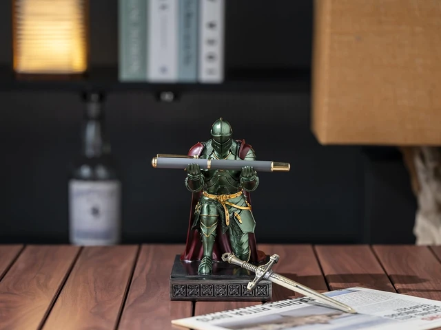 Alt view image 3 of 7 - Medieval Armored Knight Pen Holder Figurine Paperweight Phone Stand Green Warrior Wearing Outerwear, Resin Bookends, Fancy Desk Organizers Pencil Stand with a Metal Letter Opener for Home and Office