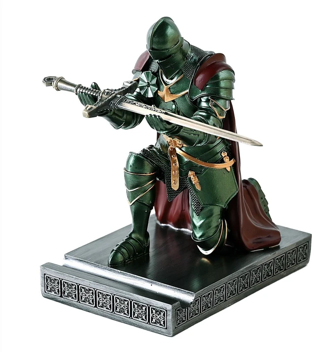 Main image of Medieval Armored Knight Pen Holder Figurine Paperweight Phone Stand Green Warrior Wearing Outerwear, Resin Bookends, Fancy Desk Organizers Pencil Stand with a Metal Letter Opener for Home and Office