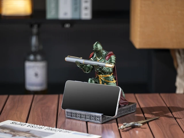 Alt view image 5 of 7 - Medieval Armored Knight Pen Holder Figurine Paperweight Phone Stand Green Warrior Wearing Outerwear, Resin Bookends, Fancy Desk Organizers Pencil Stand with a Metal Letter Opener for Home and Office