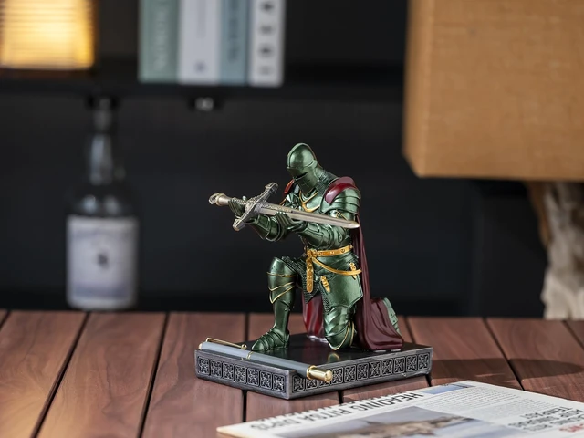 Alt view image 4 of 7 - Medieval Armored Knight Pen Holder Figurine Paperweight Phone Stand Green Warrior Wearing Outerwear, Resin Bookends, Fancy Desk Organizers Pencil Stand with a Metal Letter Opener for Home and Office