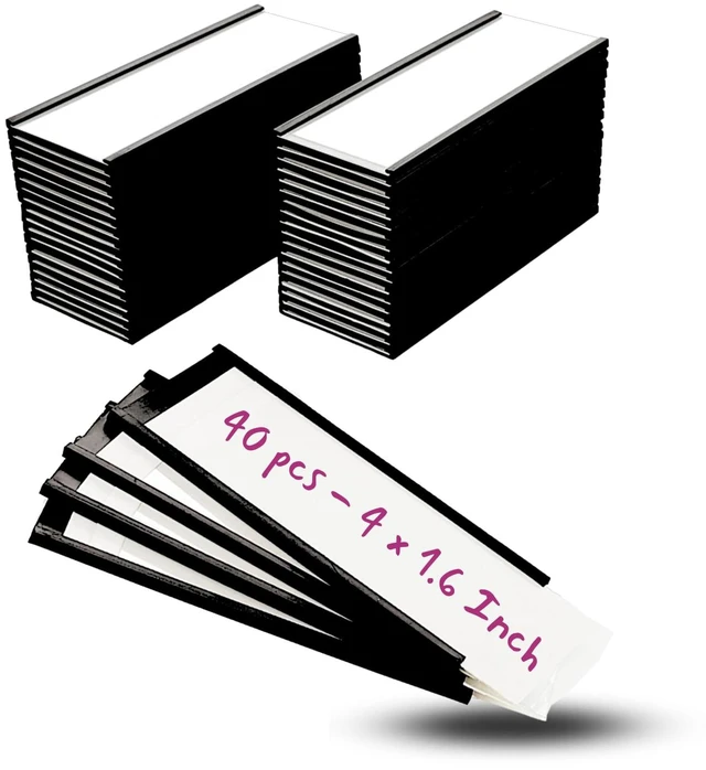 Main image of Availey 40 Pack Magnetic 'C' Channel Label Holders for Metal Racks and Shelves with Protective Films and Replacement Strips 4" x 1.6"