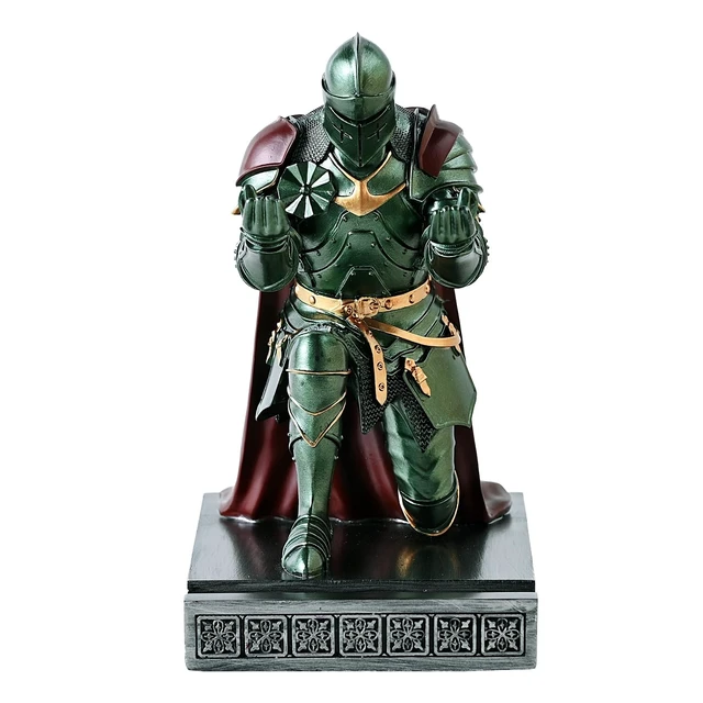 Alt view image 6 of 7 - Medieval Armored Knight Pen Holder Figurine Paperweight Phone Stand Green Warrior Wearing Outerwear, Resin Bookends, Fancy Desk Organizers Pencil Stand with a Metal Letter Opener for Home and Office