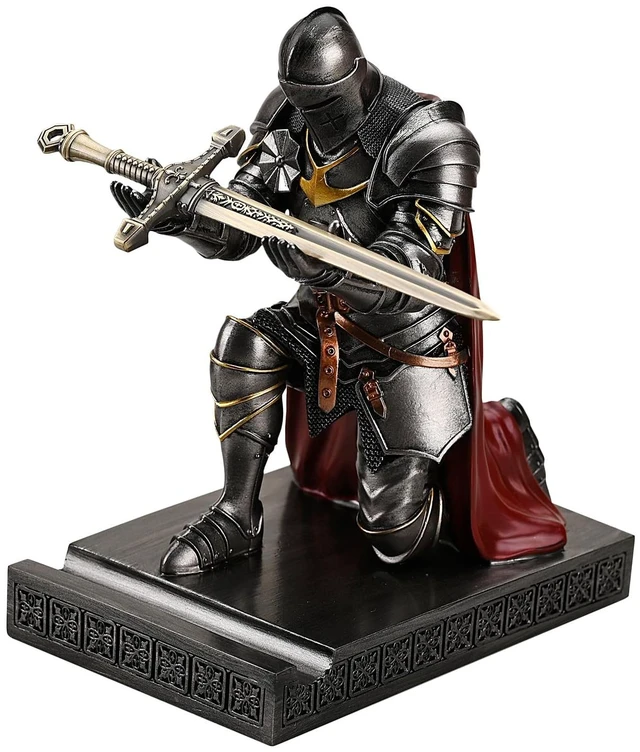 Main image of Medieval Armored Knight Pen Holder Figurine Paperweight Phone Stand Iron Warrior Wearing Outerwear, Resin Bookends, Fancy Desk Organizers Pencil Stand with a Metal Letter Opener for Home and Office