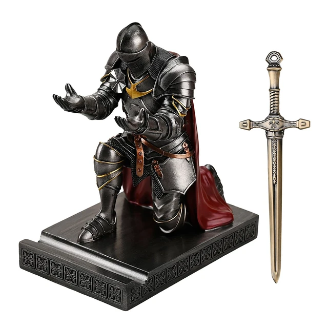Alt view image 2 of 7 - Medieval Armored Knight Pen Holder Figurine Paperweight Phone Stand Iron Warrior Wearing Outerwear, Resin Bookends, Fancy Desk Organizers Pencil Stand with a Metal Letter Opener for Home and Office