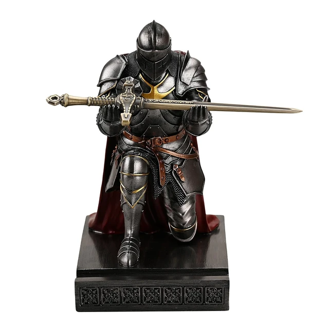 Alt view image 3 of 7 - Medieval Armored Knight Pen Holder Figurine Paperweight Phone Stand Iron Warrior Wearing Outerwear, Resin Bookends, Fancy Desk Organizers Pencil Stand with a Metal Letter Opener for Home and Office