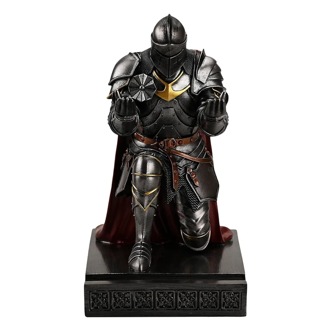 Alt view image 4 of 7 - Medieval Armored Knight Pen Holder Figurine Paperweight Phone Stand Iron Warrior Wearing Outerwear, Resin Bookends, Fancy Desk Organizers Pencil Stand with a Metal Letter Opener for Home and Office
