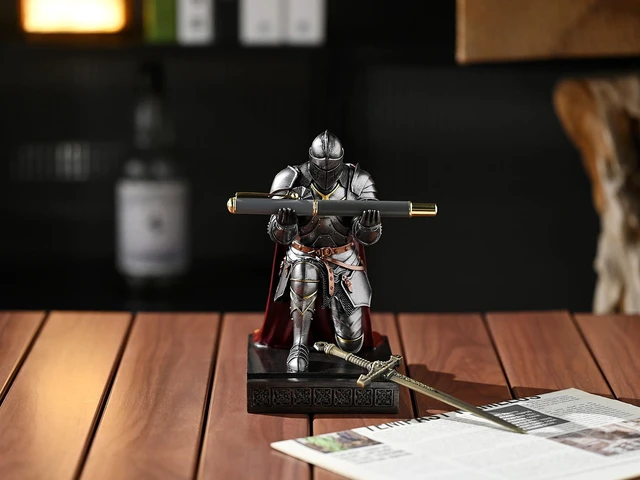 Alt view image 6 of 7 - Medieval Armored Knight Pen Holder Figurine Paperweight Phone Stand Iron Warrior Wearing Outerwear, Resin Bookends, Fancy Desk Organizers Pencil Stand with a Metal Letter Opener for Home and Office