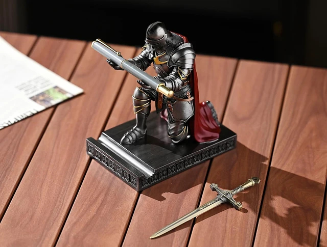 Alt view image 7 of 7 - Medieval Armored Knight Pen Holder Figurine Paperweight Phone Stand Iron Warrior Wearing Outerwear, Resin Bookends, Fancy Desk Organizers Pencil Stand with a Metal Letter Opener for Home and Office