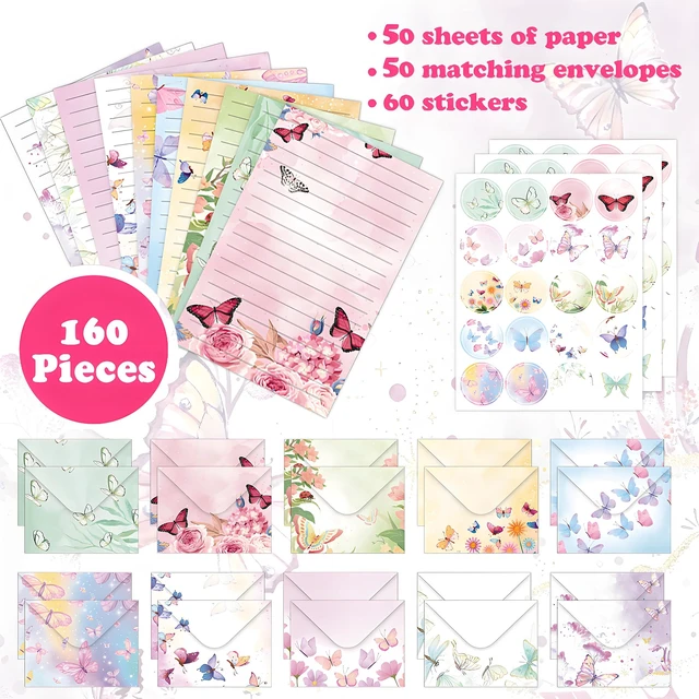 Alt view image 2 of 6 - 160 Pcs Butterfly Stationery Set Letter and Envelopes 50 Lined Stationery Paper and 50 Matching Envelopes, 5.5 x 8.25 Inches Letter Writing Stationery for Home, Office, School