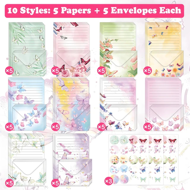 Alt view image 3 of 6 - 160 Pcs Butterfly Stationery Set Letter and Envelopes 50 Lined Stationery Paper and 50 Matching Envelopes, 5.5 x 8.25 Inches Letter Writing Stationery for Home, Office, School