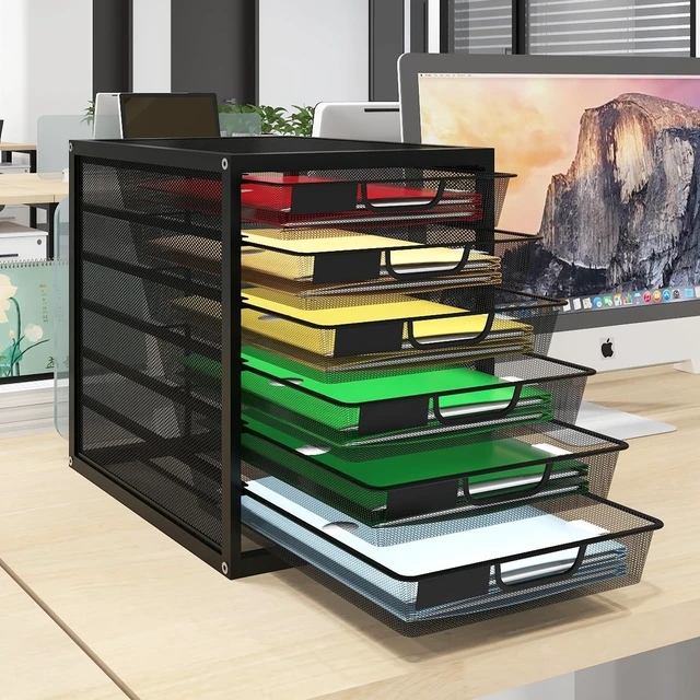 Alt view image 3 of 7 - Mesh Desk Organizer with 6 Tier Sliding Drawers,Black Paper Sorter, Multi-Functional Home Office Supplies Storage Tray for Letters, Documents,Mail, Files, Arts & Crafts Supplies