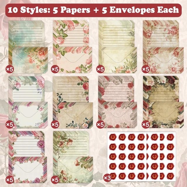 Alt view image 3 of 7 - 160 Pcs Vintage Floral Stationery Set Letter and Envelopes 50 Lined Stationery Paper and 50 Matching Envelopes, 5.5 x 8.25 Inches Letter Writing Stationery for Home, Office, School