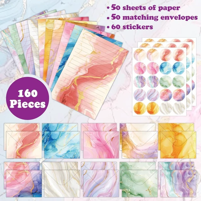 Alt view image 4 of 5 - 160 Pcs Marble Stationery Set Letter and Envelopes 50 Lined Stationery Paper and 50 Matching Envelopes, 5.5 x 8.25 Inches Letter Writing Stationery for Home, Office, School
