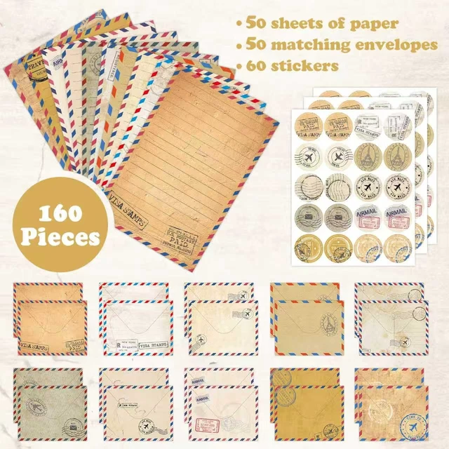 Alt view image 3 of 6 - 160 Pcs Vintage Airmail Stationery Set Letter and Envelopes 50 Lined Stationery Paper and 50 Matching Envelopes, 5.5 x 8.25 Inches Letter Writing Stationery for Home, Office, School