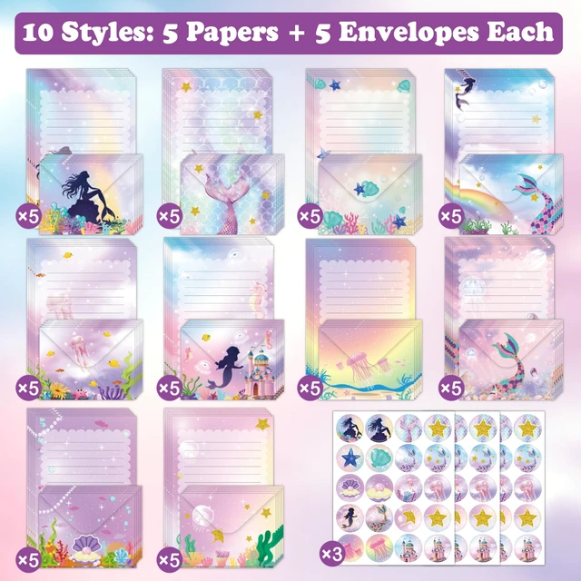 Alt view image 3 of 6 - 160 Pcs Mermaid Stationery Set Letter and Envelopes 50 Lined Stationery Paper and 50 Matching Envelopes, 5.5 x 8.25 Inches Letter Writing Stationery for Home, Office, School