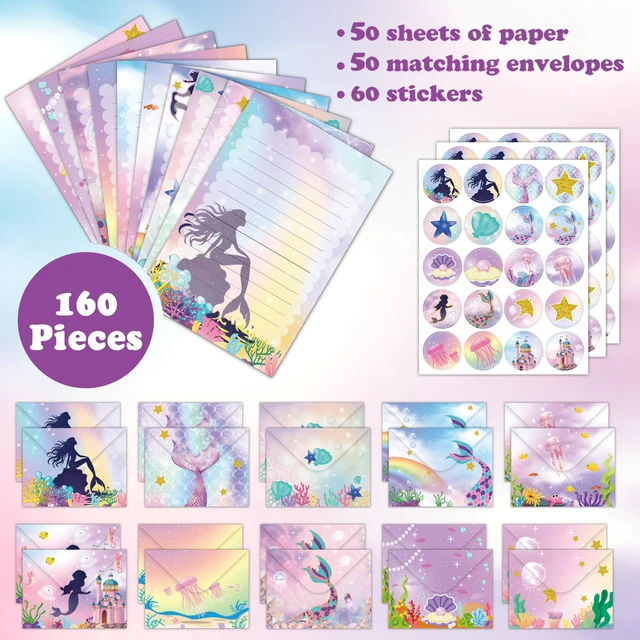 Alt view image 4 of 6 - 160 Pcs Mermaid Stationery Set Letter and Envelopes 50 Lined Stationery Paper and 50 Matching Envelopes, 5.5 x 8.25 Inches Letter Writing Stationery for Home, Office, School